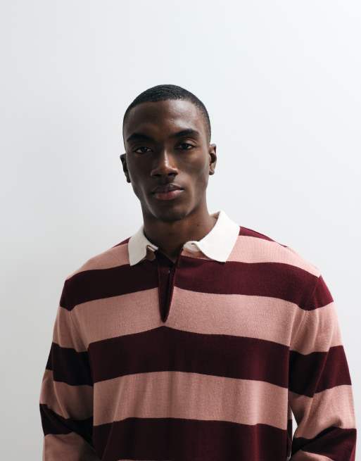 ASOS DESIGN - Polo de rugby décontracté en maille à manches longues et rayures - Bordeaux et rose, 3 de 5