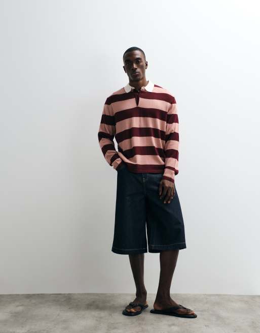 ASOS DESIGN - Polo de rugby décontracté en maille à manches longues et rayures - Bordeaux et rose, 4 de 5