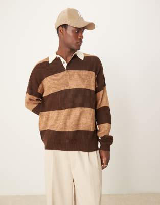 ASOS DESIGN - Polo de rugby décontracté en maille à rayures - Marron chiné - view 1