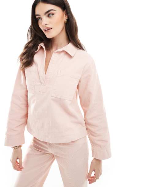 ASOS DESIGN - Polo de rugby en denim et velours côtelé - Rose - view 1