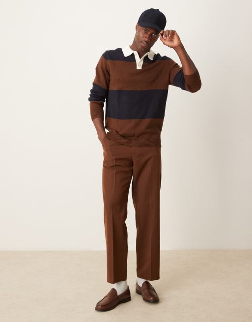 ASOS DESIGN - Polo de rugby rayé en maille côtelée - Marron et bleu marine, 2 de 4
