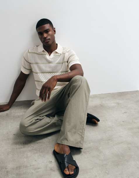 ASOS DESIGN - Polo décontracté à manches courtes en maille texturée rayée - Sauge et écru - view 1