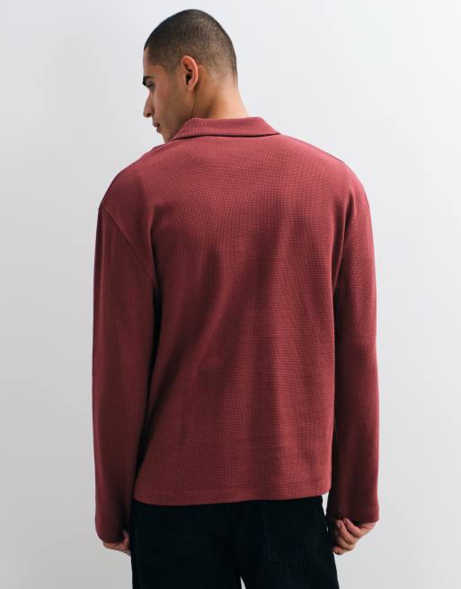 ASOS DESIGN polo décontracté à manches longues à col tailleur en rouge gaufré, 3 de 9