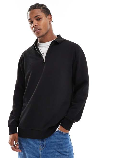 ASOS DESIGN - Polo décontracté à manches longues et col zippé - Noir