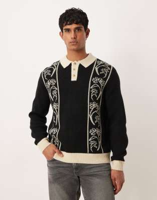 ASOS DESIGN - Polo décontracté à manches longues et motif fleuri - Noir