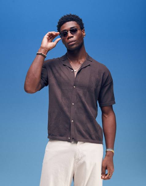 ASOS DESIGN - Polo décontracté boutonné en maille texturée avec motif fleurs - Marron - view 1