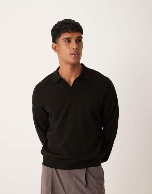 ASOS DESIGN - Polo décontracté coupe carrée en maille à manches longues et col cranté - Noir