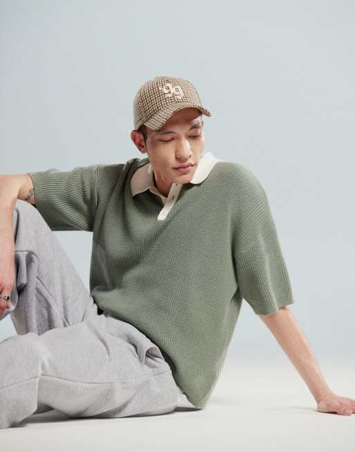 ASOS DESIGN - Polo décontracté coupe carrée en maille avec manches trois-quart - Vert sauge