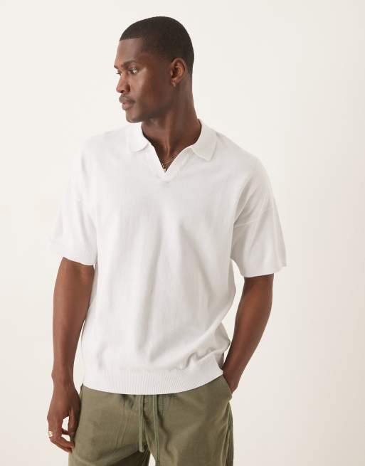 ASOS DESIGN - Polo décontracté coupe carrée en maille de coton semi-épaisse avec col à encoche - Blanc