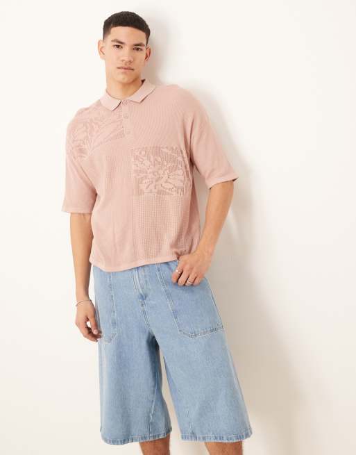 ASOS DESIGN - Polo décontracté coupe carrée en maille effet patchwork à fleurs - Vieux rose