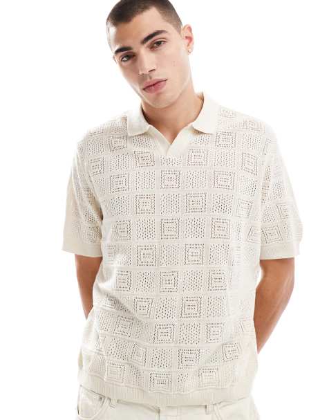 ASOS DESIGN - Polo décontracté coupe carrée en maille légère avec motif damiers - Écru - view 1