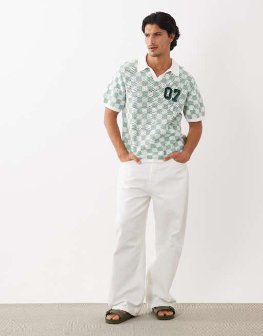 ASOS DESIGN - Polo décontracté en maille à manches courtes avec col cranté et imprimé graphique 07 - Damier vert et écru, 2 de 5