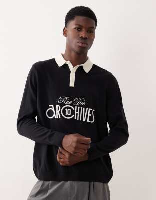 ASOS DESIGN - Polo décontracté en maille à manches longues avec imprimé graphique devant - Noir