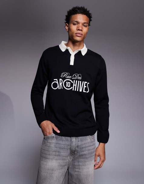 ASOS DESIGN - Polo décontracté en maille à manches longues avec imprimé graphique devant - Noir - view 1