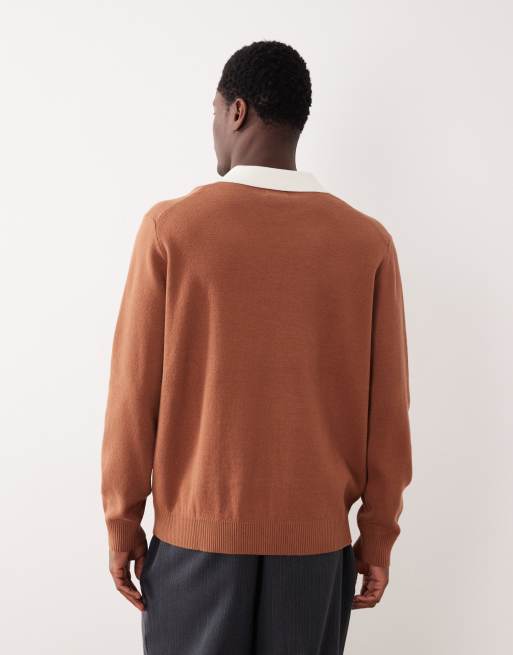 ASOS DESIGN - Polo décontracté en maille à manches longues et col cranté - Marron, 3 de 5