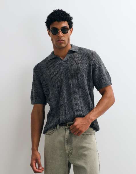 ASOS DESIGN - Polo décontracté en maille crochetée avec manches courtes et col cranté - Anthracite - view 1
