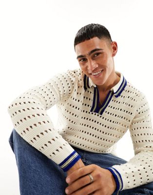 ASOS DESIGN knitted relaxed polo jumper in cream crochet - ASOS Price Checker