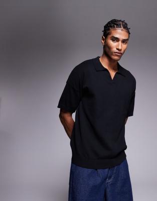 ASOS DESIGN - Polo décontracté en maille de coton semi-épaisse à encolure crantée - Noir - view 1