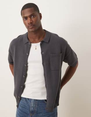 ASOS DESIGN - Polo décontracté en maille de coton semi-épaisse avec boutons - Gris anthracite