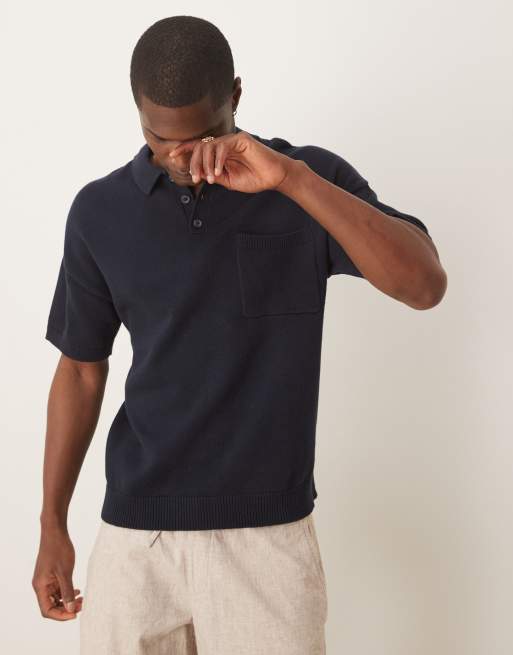 ASOS DESIGN - Polo décontracté en maille de coton semi-épaisse coupe carrée avec poche devant - Bleu marine