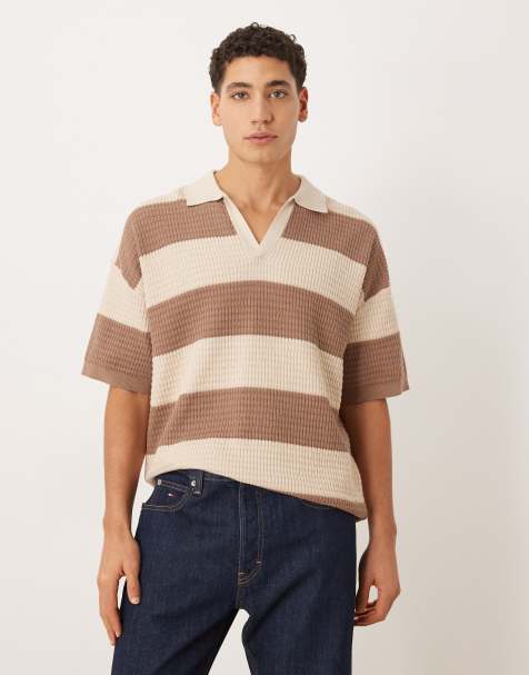ASOS DESIGN - Polo décontracté en maille rayée avec col cranté - Taupe/écru - view 1