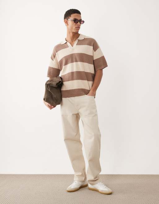 ASOS DESIGN - Polo décontracté en maille rayée avec col cranté - Taupe/écru, 2 de 5