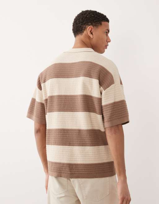 ASOS DESIGN - Polo décontracté en maille rayée avec col cranté - Taupe/écru, 3 de 5