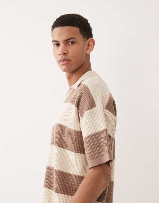 ASOS DESIGN - Polo décontracté en maille rayée avec col cranté - Taupe/écru, 4 de 5