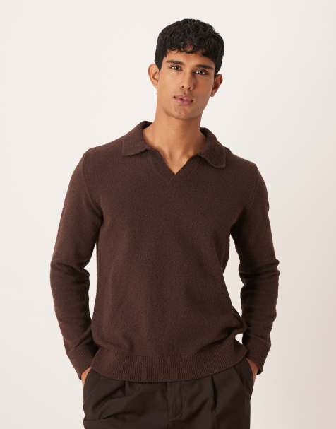 ASOS DESIGN - Polo décontracté en maille texturée avec manches longues et col cranté - Marron - view 1