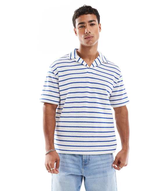 ASOS DESIGN - Polo décontracté en tissu texturé rayé avec col à revers - Bleu/blanc , 2 de 4