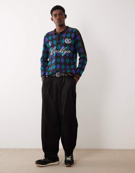 ASOS DESIGN - Polo d'ensemble décontracté en maille à imprimé losanges et broderie Brooklyn - Bleu et noir, 2 de 5