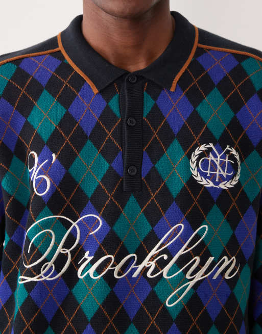 ASOS DESIGN - Polo d'ensemble décontracté en maille à imprimé losanges et broderie Brooklyn - Bleu et noir, 3 de 5