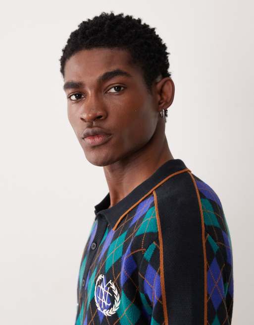 ASOS DESIGN - Polo d'ensemble décontracté en maille à imprimé losanges et broderie Brooklyn - Bleu et noir, 4 de 5