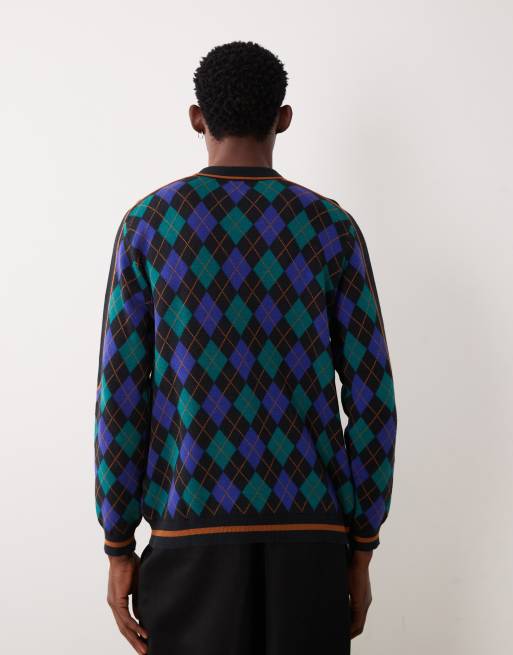 ASOS DESIGN - Polo d'ensemble décontracté en maille à imprimé losanges et broderie Brooklyn - Bleu et noir, 5 de 5