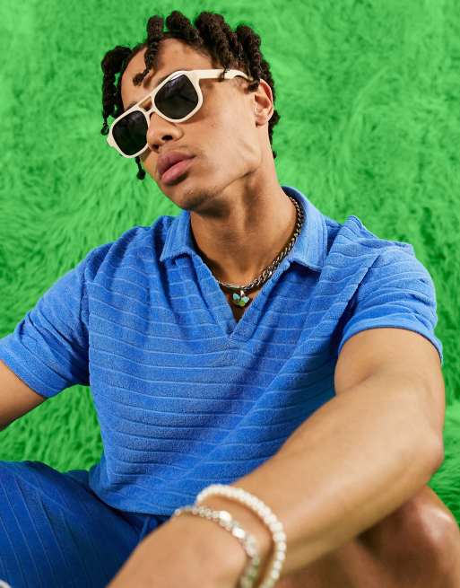 ASOS DESIGN - Polo d'ensemble décontracté en tissu éponge rayé - Bleu