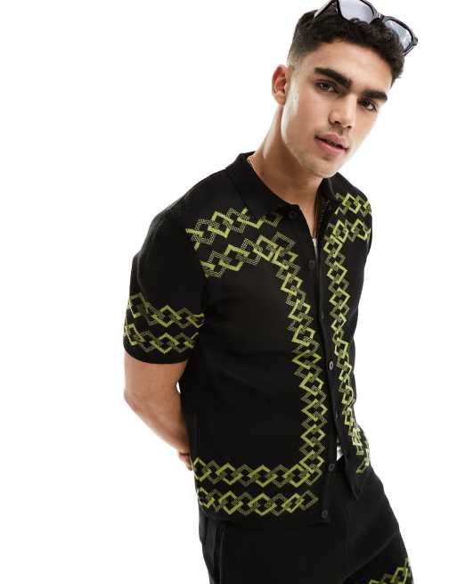 ASOS DESIGN - Polo d'ensemble en maille à revers et bordures vertes - Noir