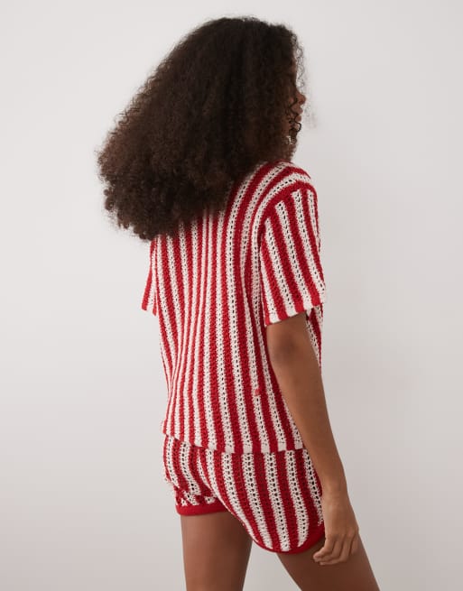 ASOS DESIGN - Polo d'ensemble en maille crochetée rayée - Rouge, 4 de 4