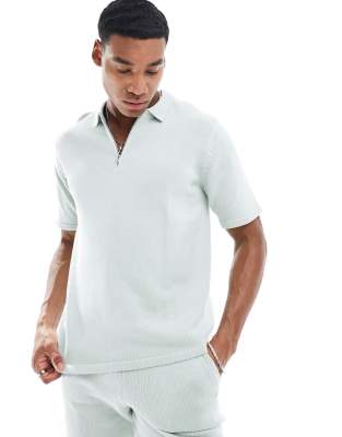 ASOS DESIGN - Polo d'ensemble en maille de coton d'épaisseur moyenne à col zippé - Bleu