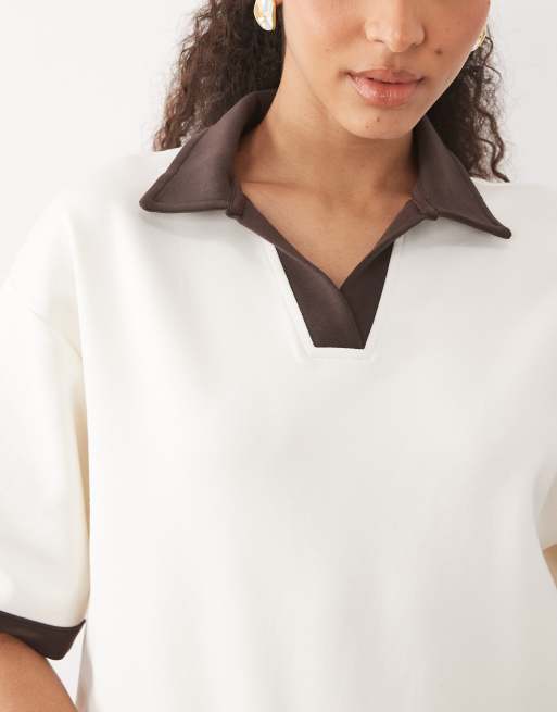 ASOS DESIGN - Polo d'ensemble oversize en maille interlock - Écru et chocolat, 3 de 4
