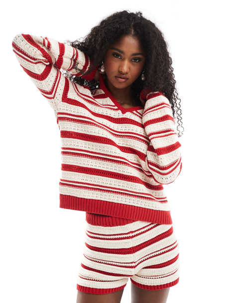 ASOS DESIGN - Polo d'ensemble rayé aspect crochet - Rouge - view 1