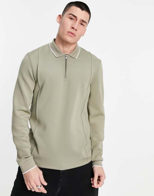 ASOS DESIGN - Polo elegante in tessuto scuba color kaki a maniche lunghe 