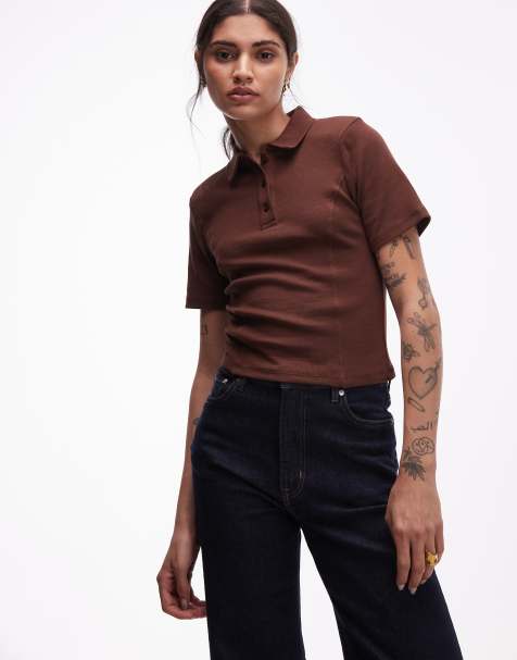 ASOS DESIGN - Polo en coton côtelé à épaulettes - Marron - view 1