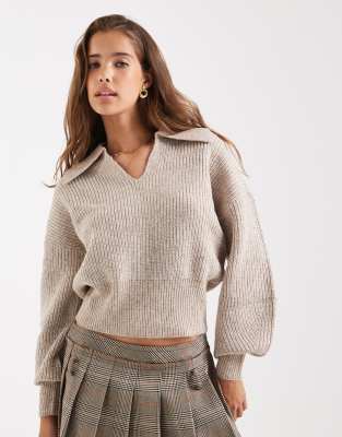 ASOS DESIGN - Polo en maille à côtes anglaises avec détail à la taille - Grège-Neutre