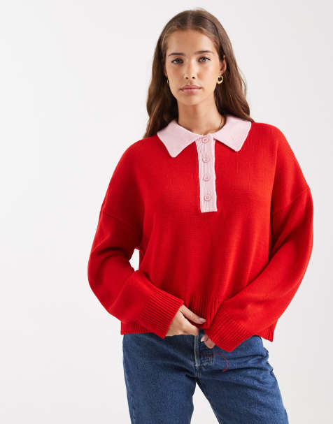 ASOS DESIGN - Polo en maille avec col contrastant - Rouge - view 1