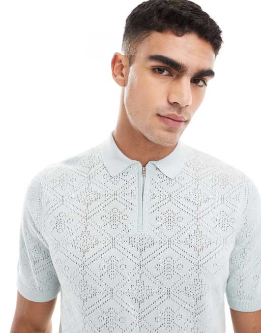 ASOS DESIGN - Polo en maille crochetée avec col zippé - Bleu