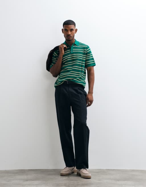 ASOS DESIGN polo en maille décontracté texturé à rayures vert et beige, 3 de 5