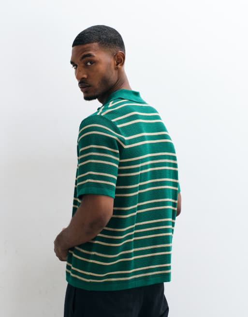 ASOS DESIGN polo en maille décontracté texturé à rayures vert et beige, 4 de 5
