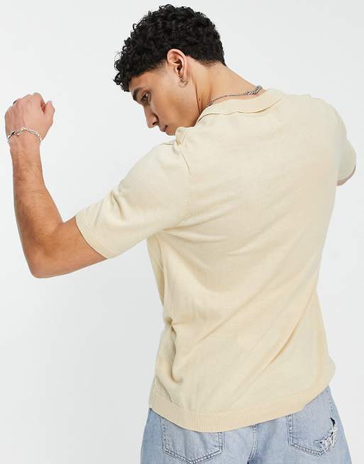 ASOS DESIGN - Polo en maille d'épaisseur moyenne à col cranté - Grège, 3 de 4