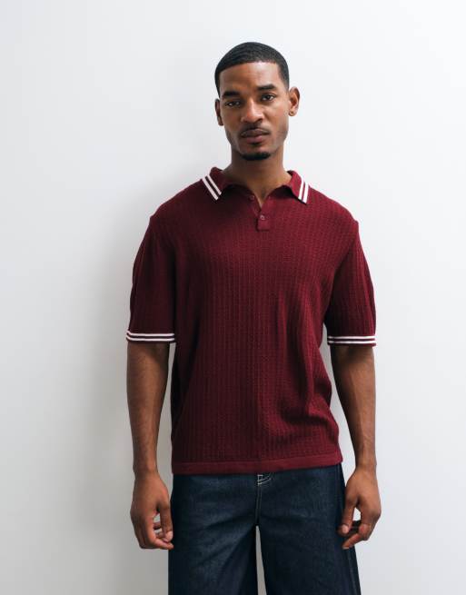 ASOS DESIGN polo en maille oversize avec liserés rouges en bordeaux, 2 de 5