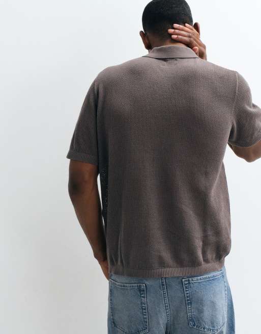 ASOS DESIGN polo en maille pointelle coupe relaxed à demi-zip marron, 2 de 5
